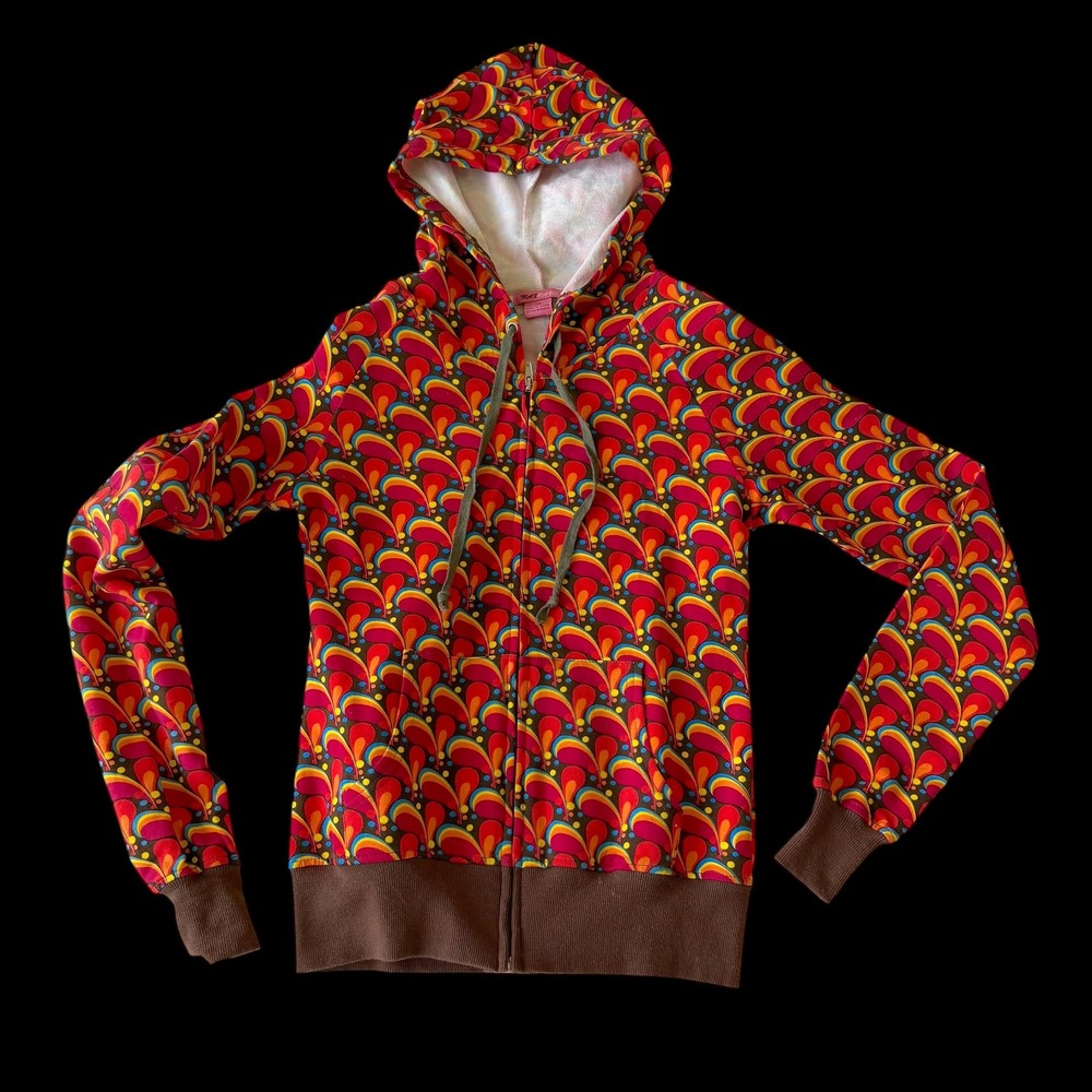 Y2K Max Rave XS Retro Psychedelic Print Zip Up Hoodie Red Orange Mcbling